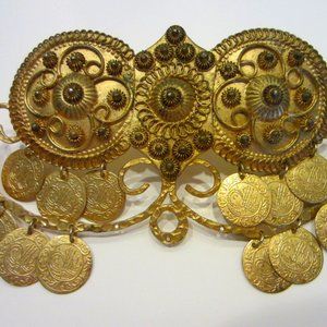 Gold Plated Large Deco Clip Brooch Mid Eastern Rare Coins Marked Greece